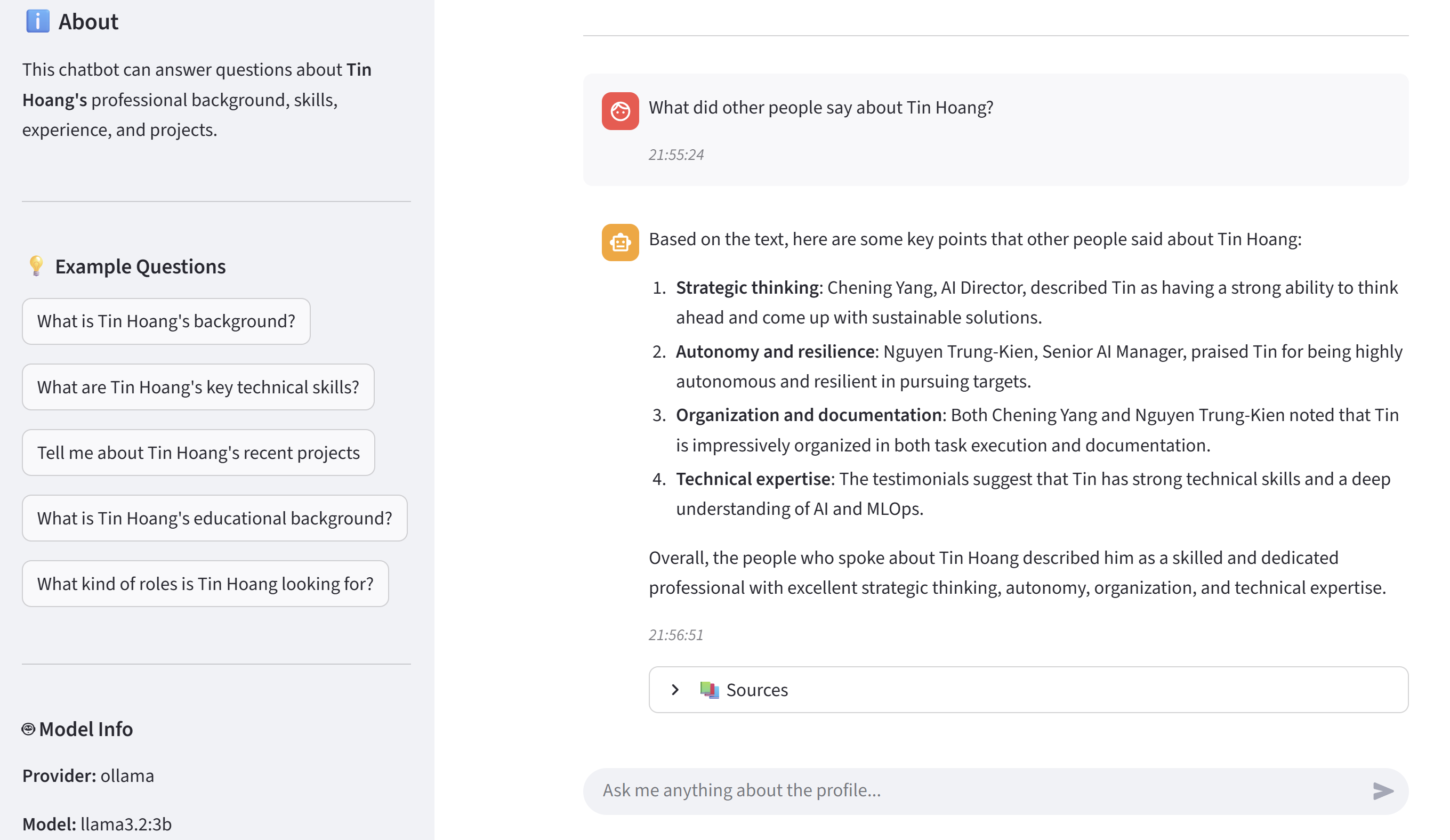 Streamlit chatbot interface showing the profile-aware assistant